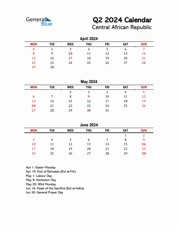 2024 Q2 Calendar with Holidays List for Central African Republic