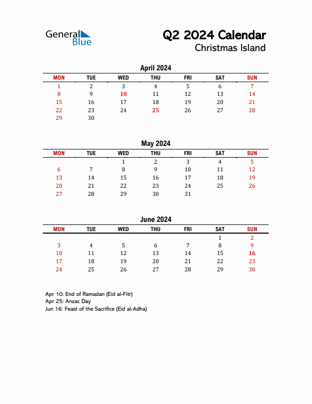 2024 Q2 Calendar with Holidays List for Christmas Island