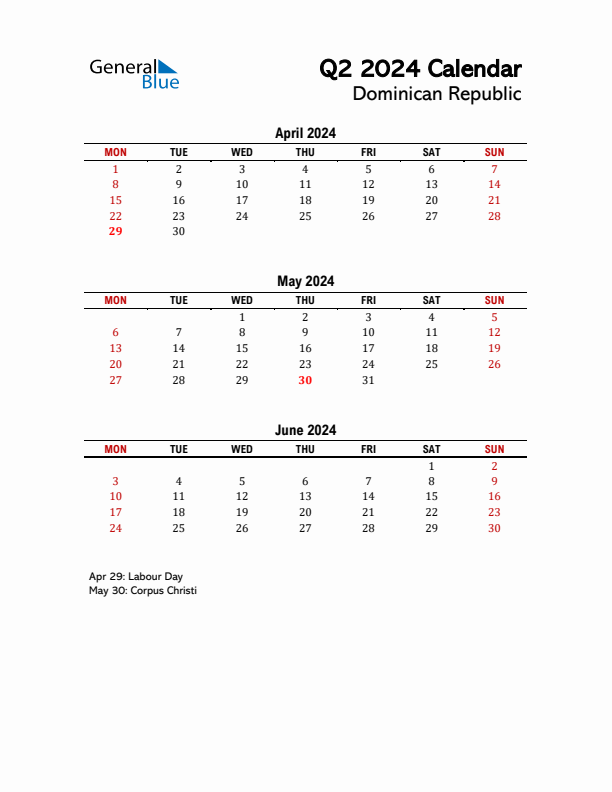 2024 Q2 Calendar with Holidays List for Dominican Republic