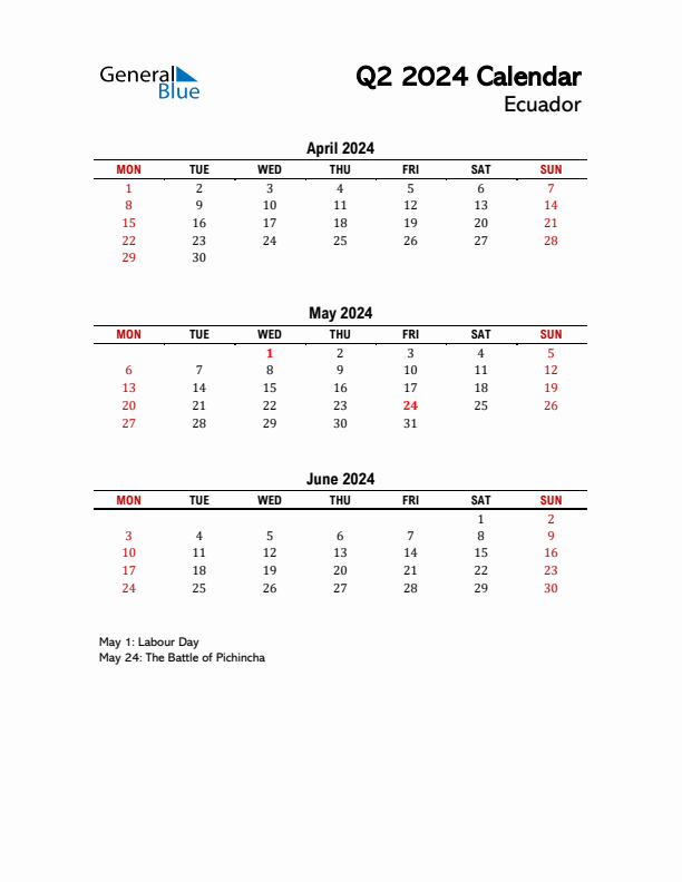 2024 Q2 Calendar with Holidays List for Ecuador