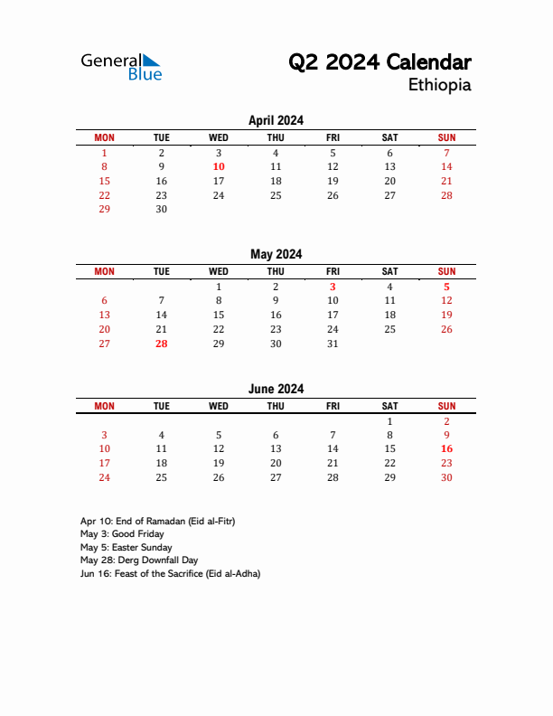 2024 Q2 Calendar with Holidays List for Ethiopia