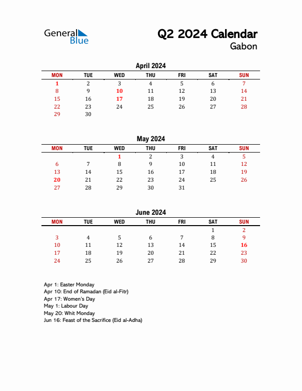 2024 Q2 Calendar with Holidays List for Gabon