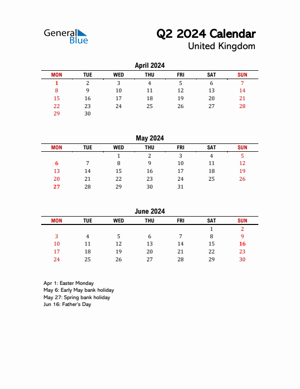 2024 Q2 Calendar with Holidays List for United Kingdom