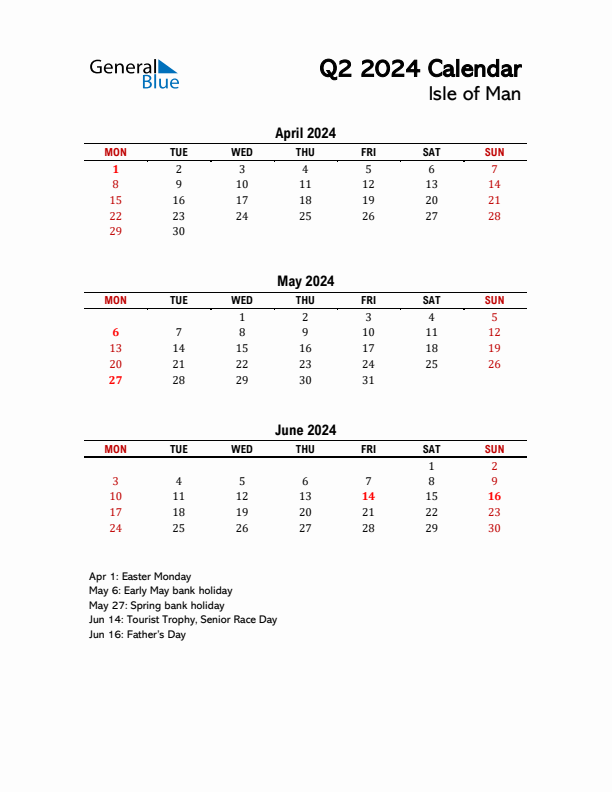 2024 Q2 Calendar with Holidays List for Isle of Man