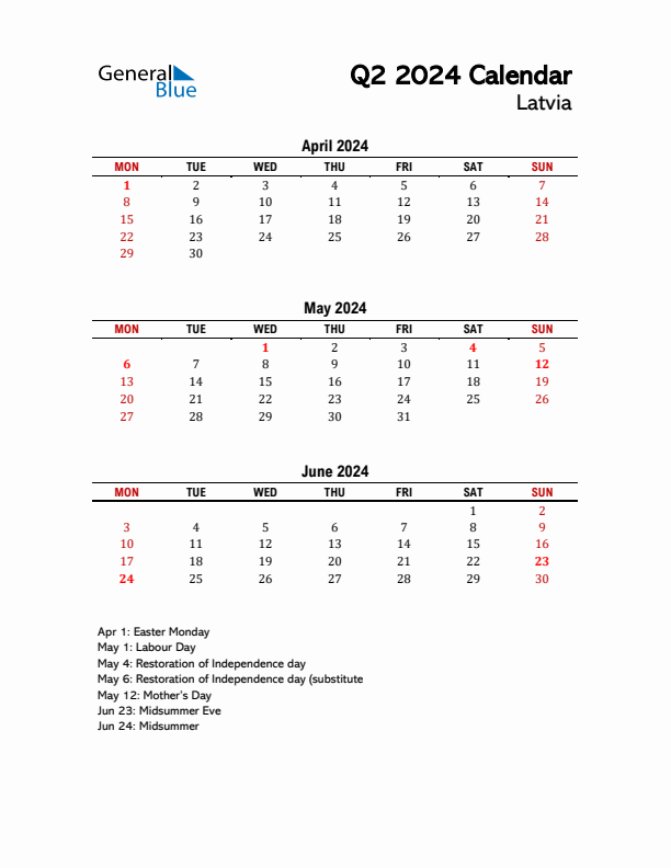 2024 Q2 Calendar with Holidays List for Latvia