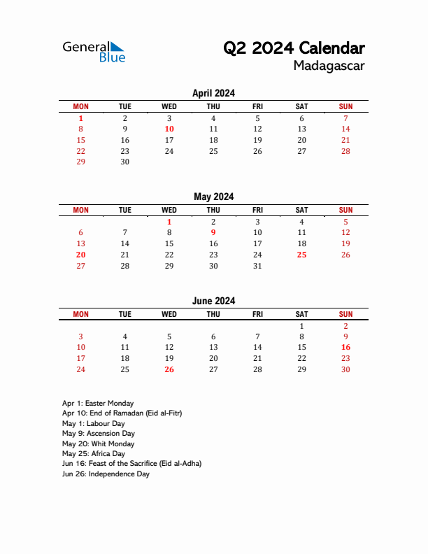 2024 Q2 Calendar with Holidays List for Madagascar