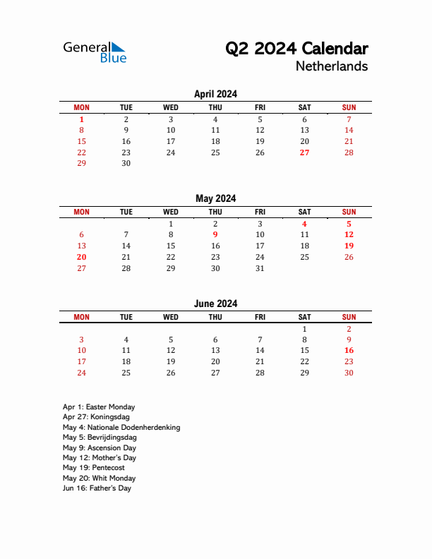 2024 Q2 Calendar with Holidays List for The Netherlands