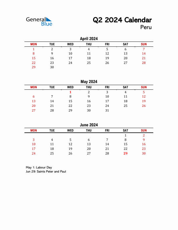 2024 Q2 Calendar with Holidays List for Peru