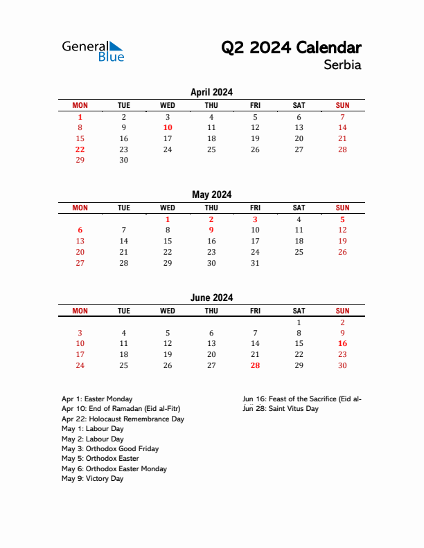 2024 Q2 Calendar with Holidays List for Serbia