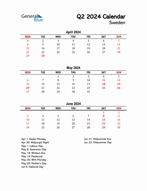 2024 Q2 Calendar with Holidays List for Sweden