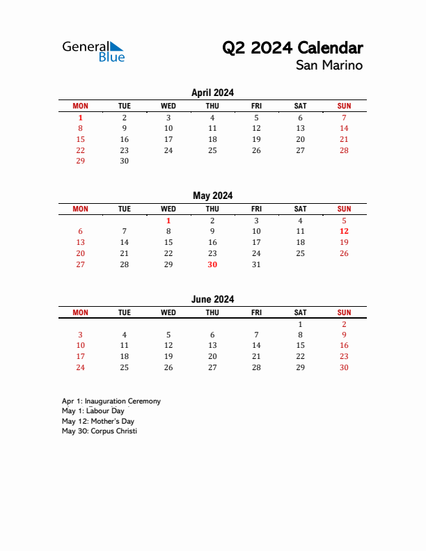 2024 Q2 Calendar with Holidays List for San Marino