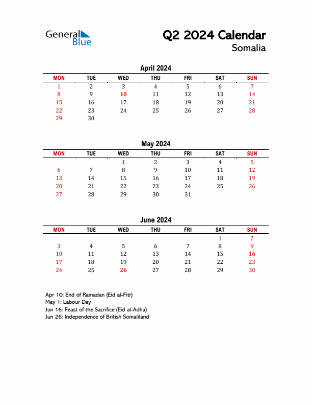 2024 Q2 Calendar with Holidays List for Somalia