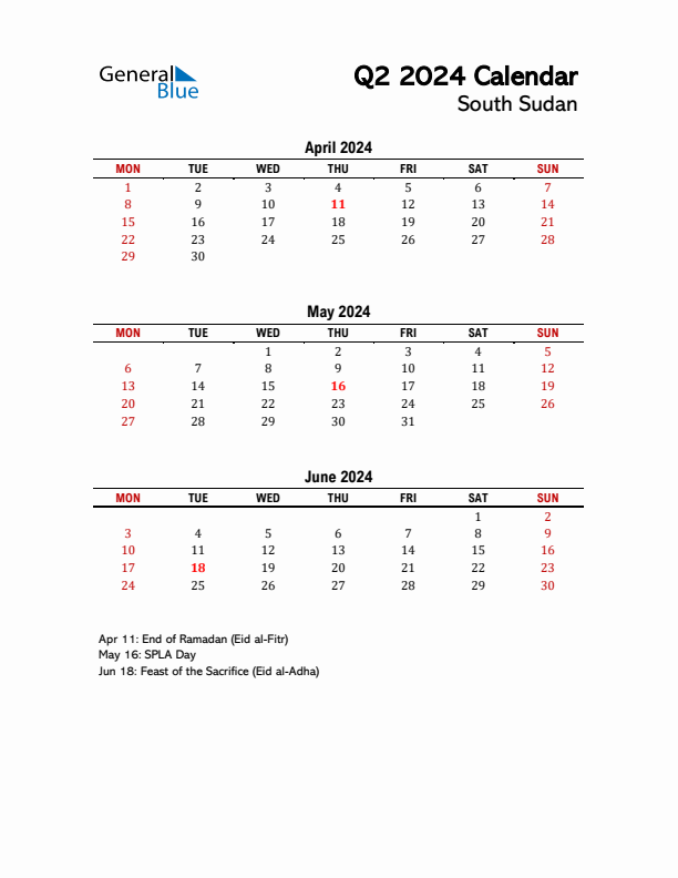 2024 Q2 Calendar with Holidays List for South Sudan