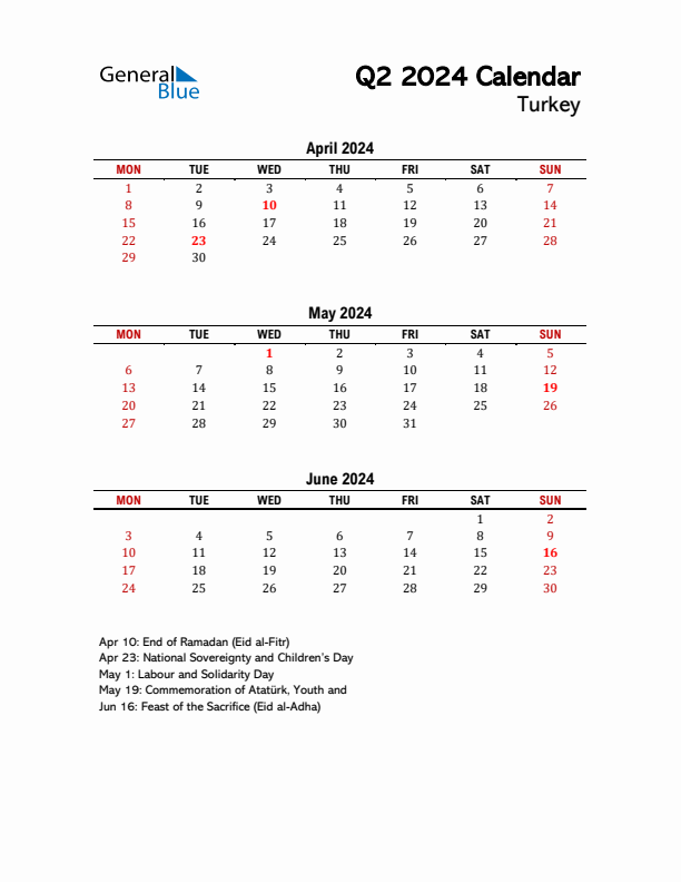 2024 Q2 Calendar with Holidays List for Turkey