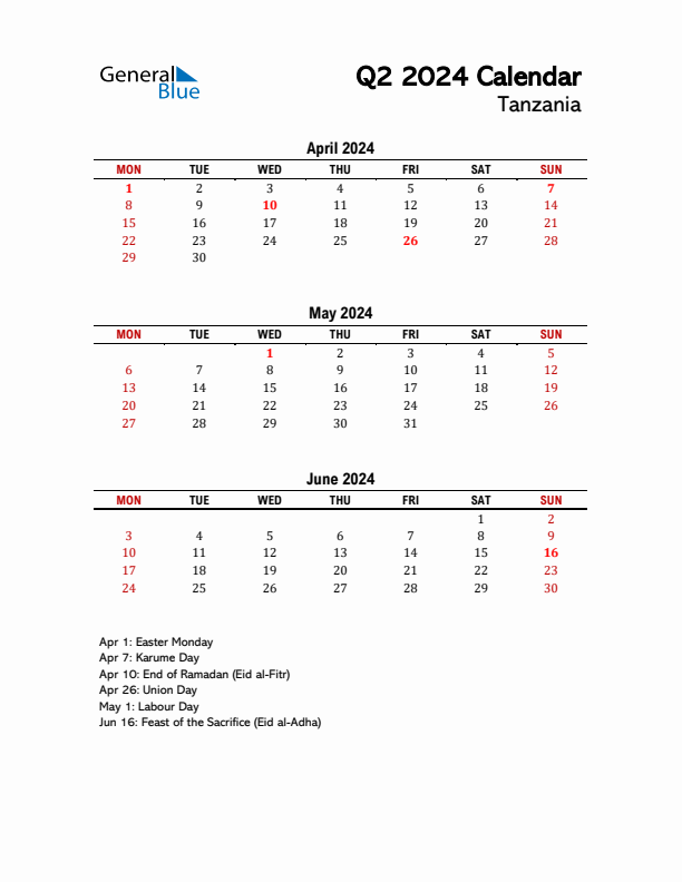 2024 Q2 Calendar with Holidays List for Tanzania