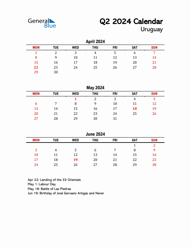 2024 Q2 Calendar with Holidays List for Uruguay