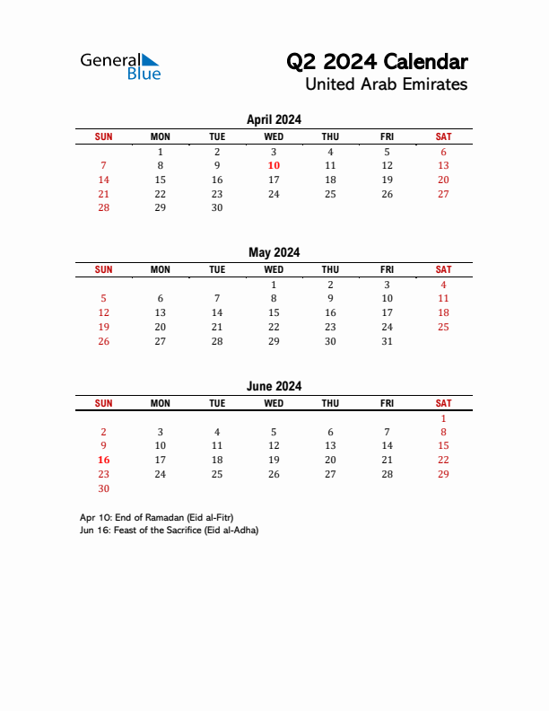 2024 Q2 Calendar with Holidays List for United Arab Emirates