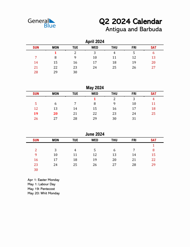 2024 Q2 Calendar with Holidays List for Antigua and Barbuda