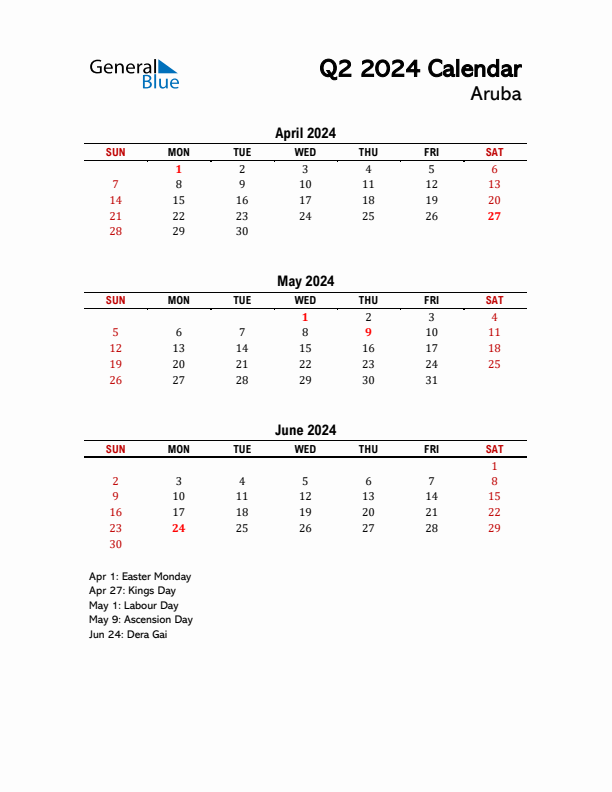 2024 Q2 Calendar with Holidays List for Aruba