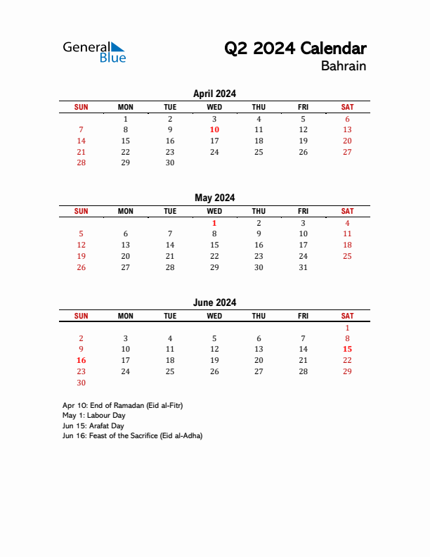 2024 Q2 Calendar with Holidays List for Bahrain