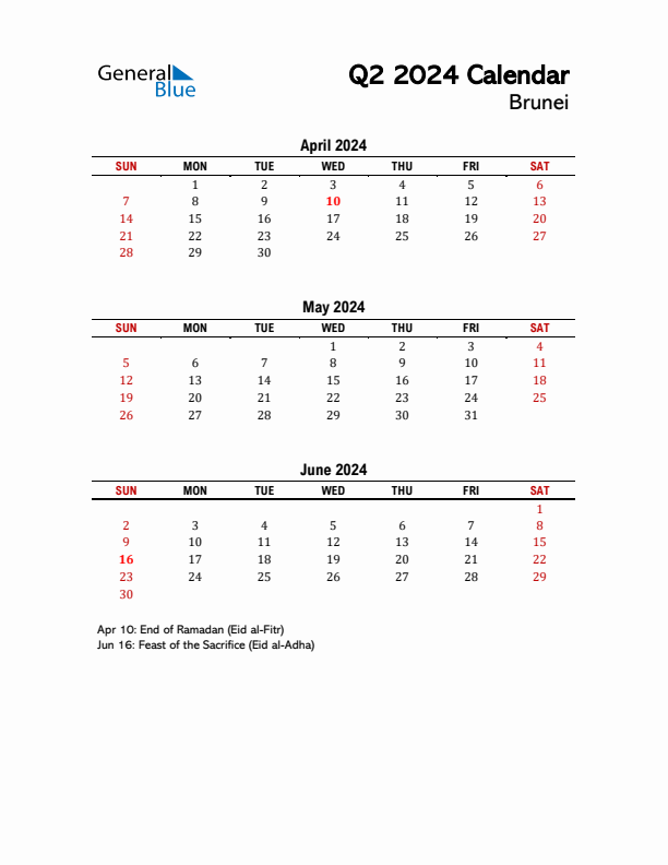 2024 Q2 Calendar with Holidays List for Brunei