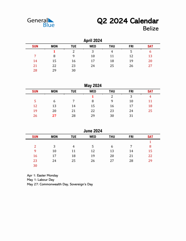 2024 Q2 Calendar with Holidays List for Belize