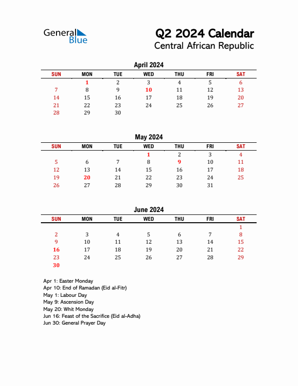 2024 Q2 Calendar with Holidays List for Central African Republic