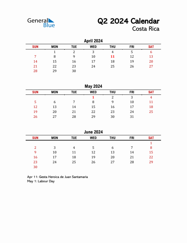 2024 Q2 Calendar with Holidays List for Costa Rica