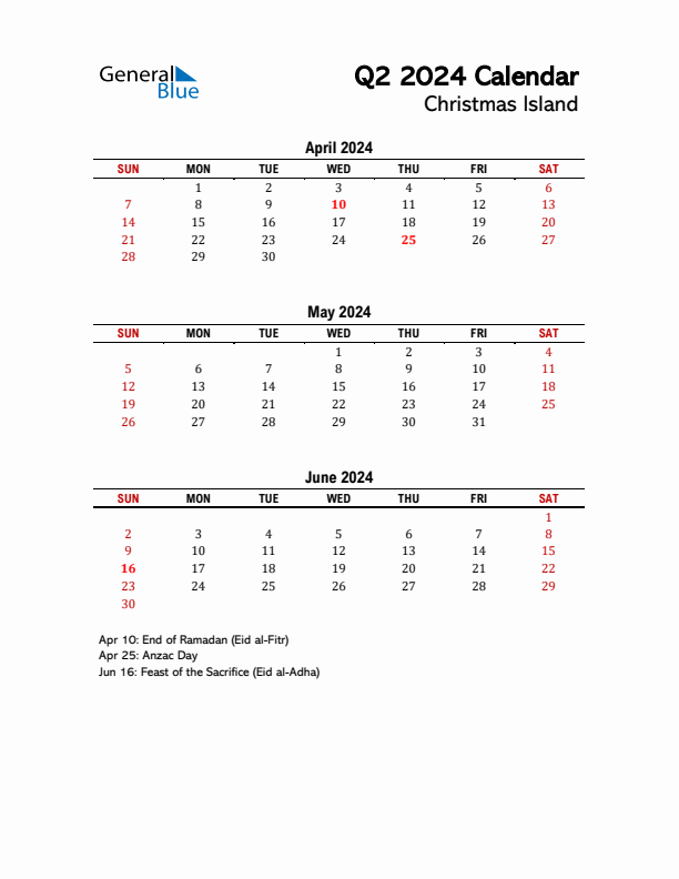 2024 Q2 Calendar with Holidays List for Christmas Island