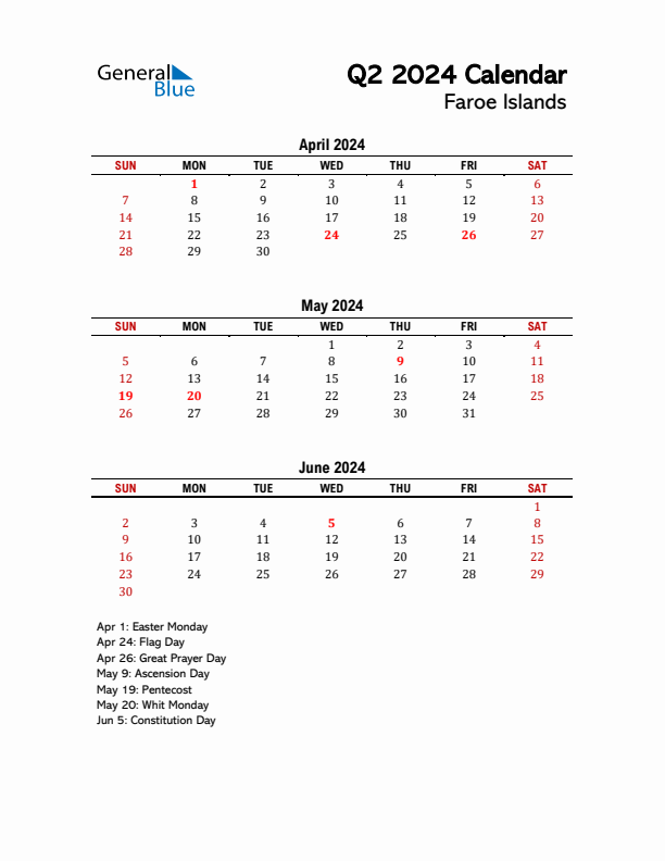 2024 Q2 Calendar with Holidays List for Faroe Islands