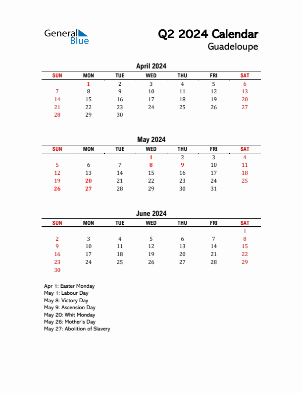 2024 Q2 Calendar with Holidays List for Guadeloupe