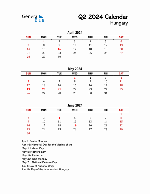 2024 Q2 Calendar with Holidays List for Hungary