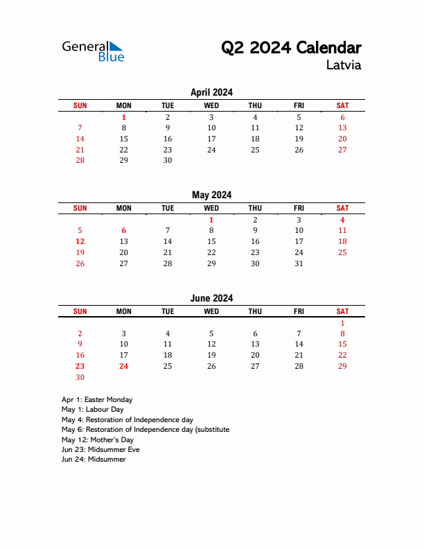 2024 Q2 Calendar with Holidays List for Latvia