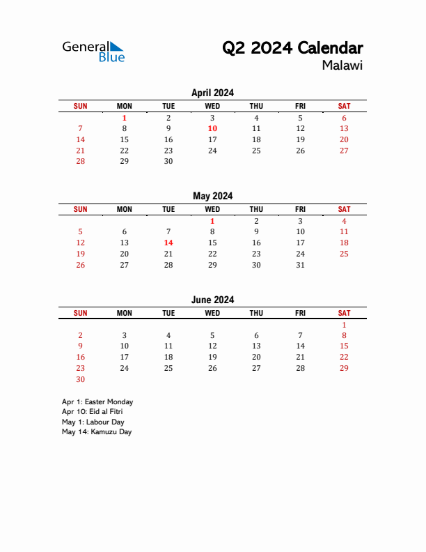 2024 Q2 Calendar with Holidays List for Malawi