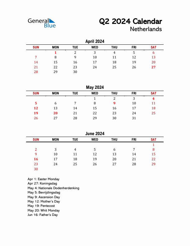 2024 Q2 Calendar with Holidays List for The Netherlands