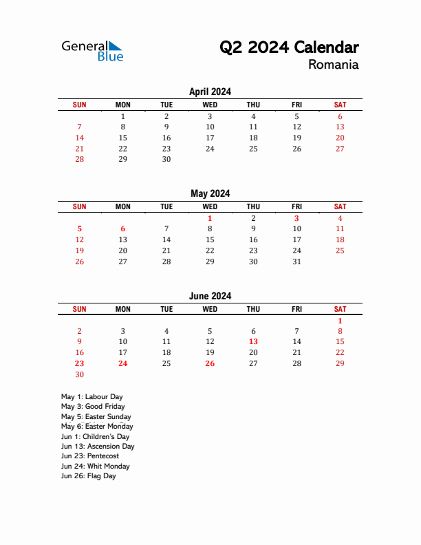 2024 Q2 Calendar with Holidays List for Romania