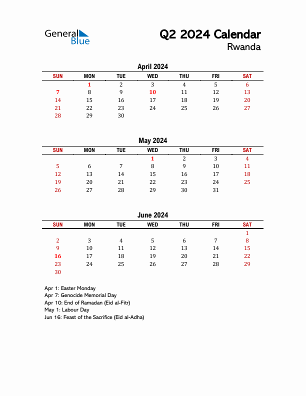 2024 Q2 Calendar with Holidays List for Rwanda