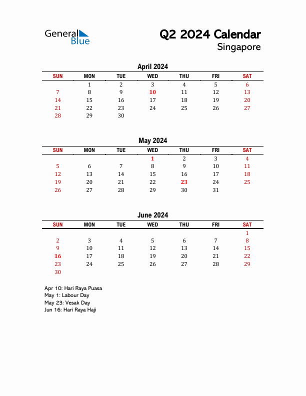 2024 Q2 Calendar with Holidays List for Singapore