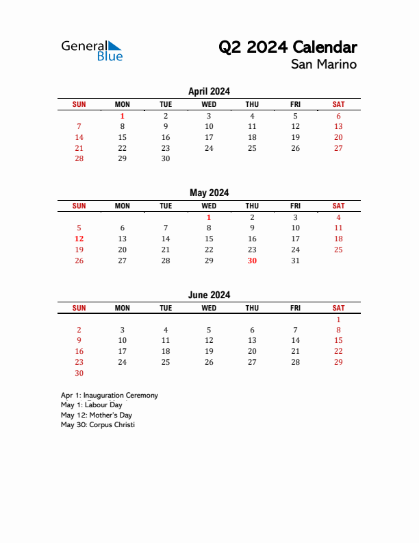 2024 Q2 Calendar with Holidays List for San Marino