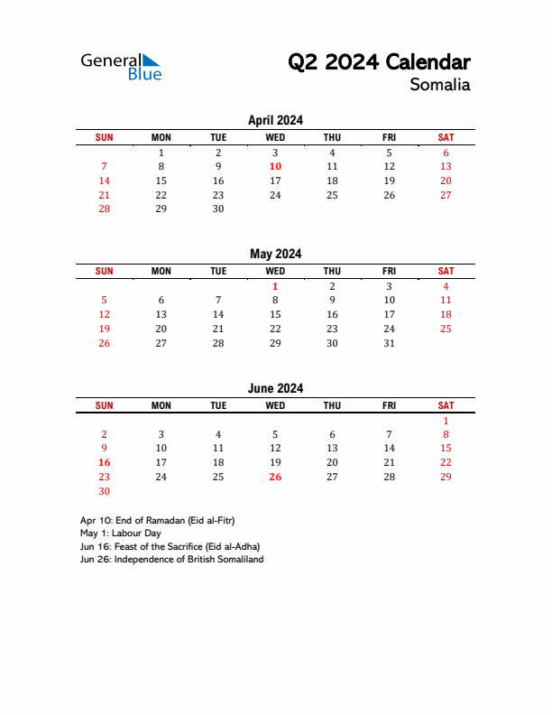 2024 Q2 Calendar with Holidays List for Somalia