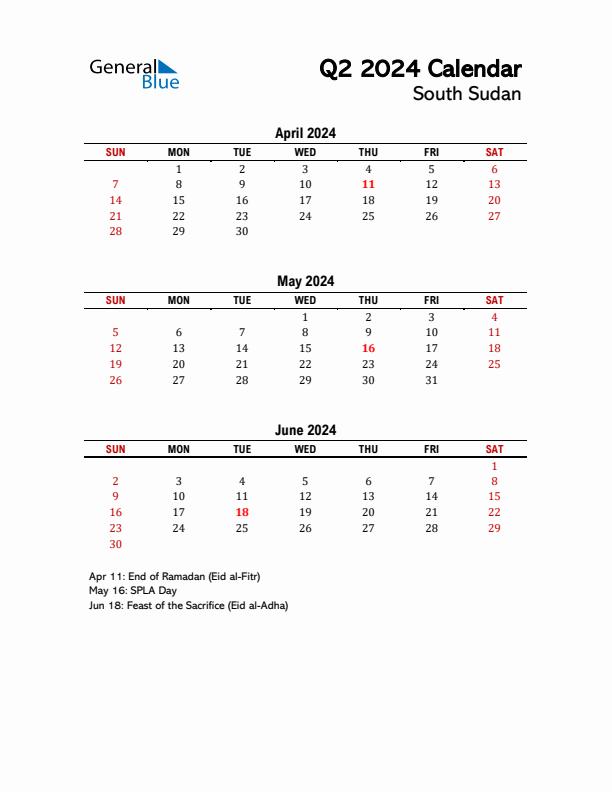 2024 Q2 Calendar with Holidays List for South Sudan