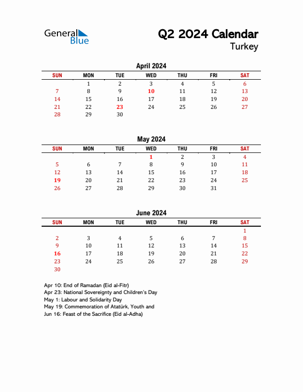 2024 Q2 Calendar with Holidays List for Turkey