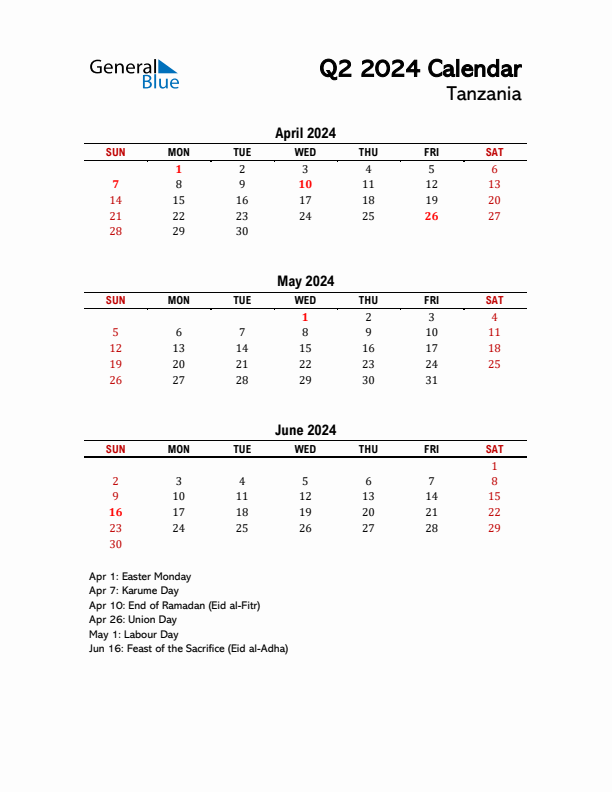 2024 Q2 Calendar with Holidays List for Tanzania