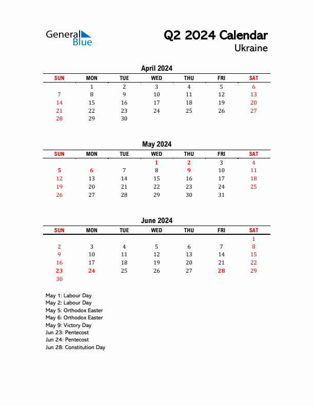 2024 Q2 Calendar with Holidays List for Ukraine