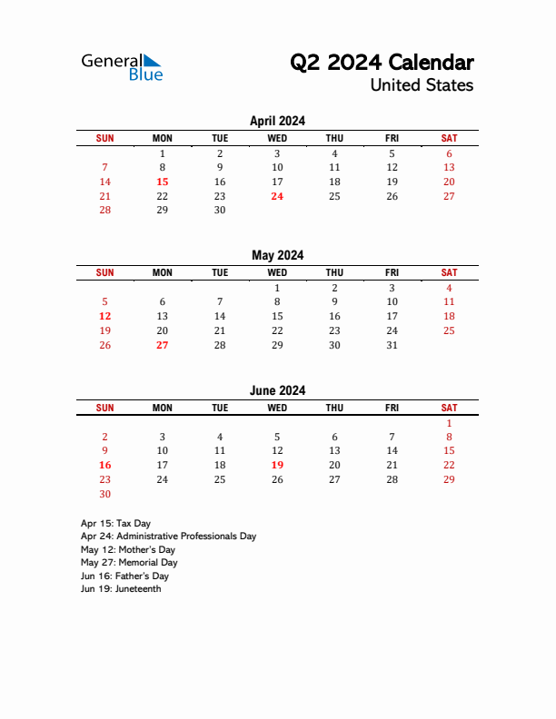 2024 Q2 Calendar with Holidays List for United States