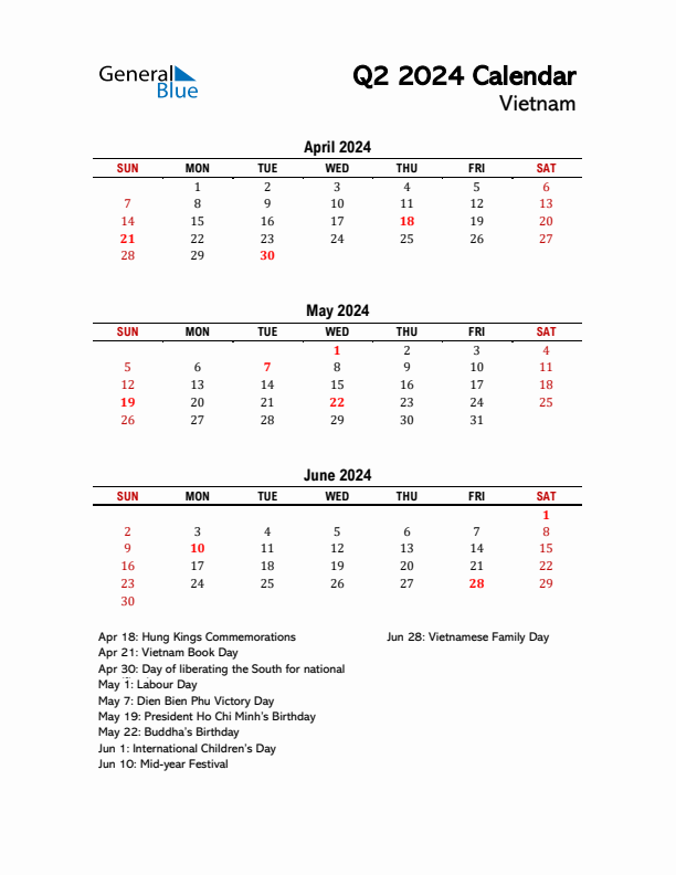 2024 Q2 Calendar with Holidays List for Vietnam