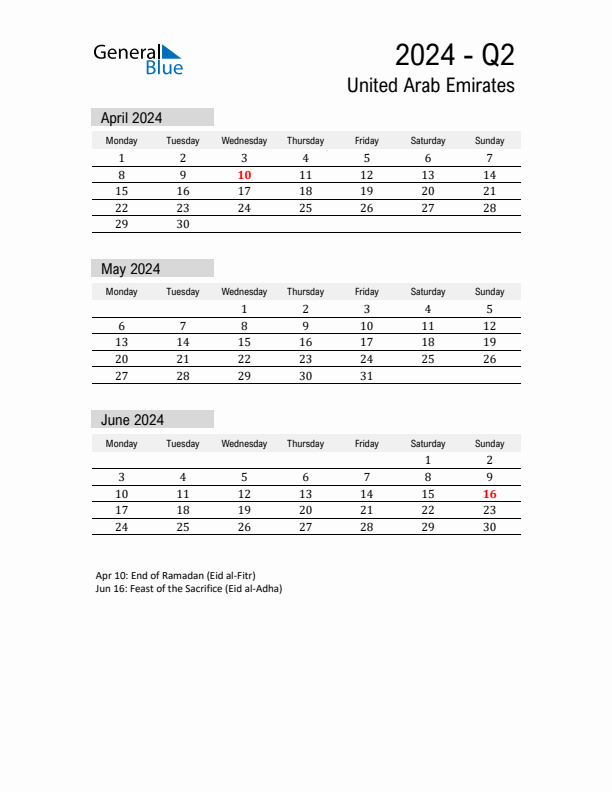 United Arab Emirates Quarter 2 2024 Calendar with Holidays