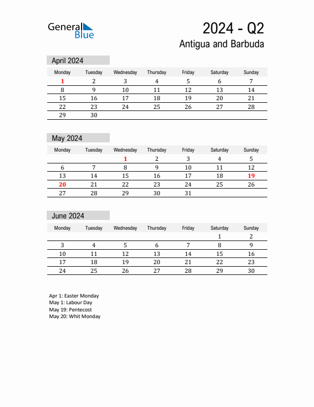 Antigua and Barbuda Quarter 2 2024 Calendar with Holidays