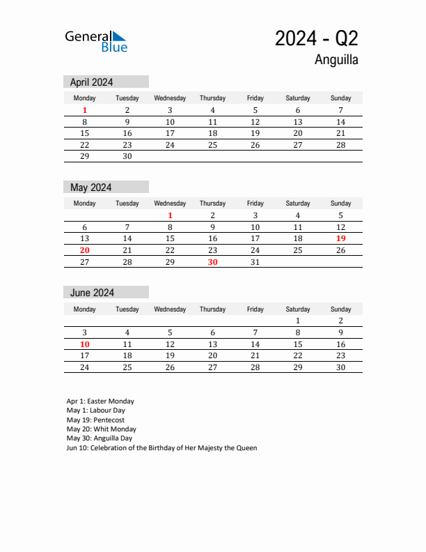 Anguilla Quarter 2 2024 Calendar with Holidays