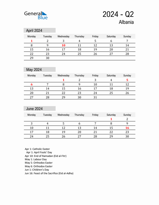 Albania Quarter 2 2024 Calendar with Holidays